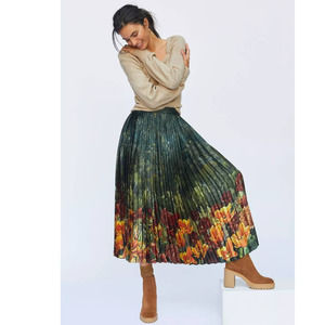 Anthropologie Floral Pleated Midi Skirt - Green and Orange